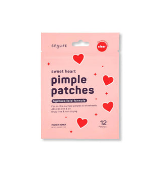Rectangular pink 12-pack of Spa Life Sweet Heart Hydrocolloid Formula Pimple Patches with red heart graphics