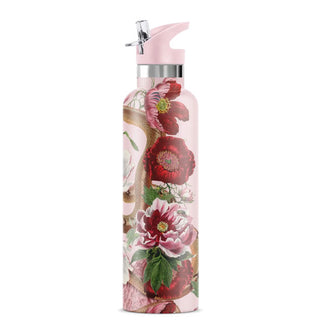 Slender pink drink tumbler with handled lid and all-over snake and flower design