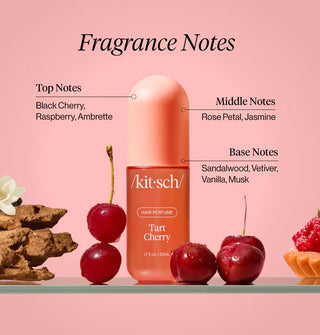 The fragrance notes of Kitsch Tart Cherry Hair Perfume label an image of the product staged with its key scent ingredients: Black Cherry, Raspberry, Ambrette, Rose Petal, Jasmine, Sandalwood, Vetiver, Vanilla, and Musk
