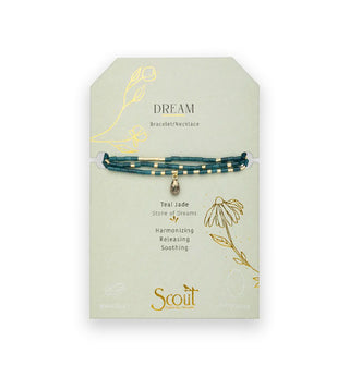 Teal Jade beaded Dream Bracelet/Necklace with central teardrop stone wrapped three times around a gold foil detailed product card