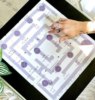 Model points to the path in a maze that is formed when cards from The Beauty Oracle are arranged in a grid patterns 