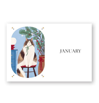 Page spread from The Cat Year features a section intro titled, "January" with colorful illustration of a white and brown long-haired cat seated on a stool between a plant and a dresser