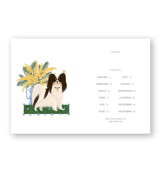 Page spread from The Dog Year features a table of contents alongside illustration of a dog standing in front of a flower bouquet