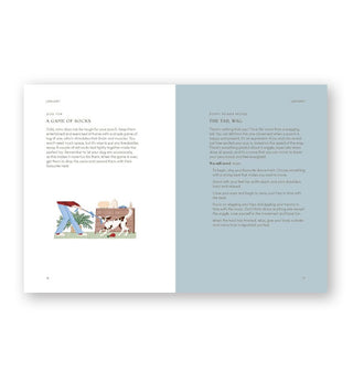 Page spread from The Dog Year features text blocks and a small illustration of a person and dog in a game of tug-o-war