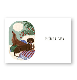 Page spread from The Dog Year features the February chapter title alongside an illustration of two dachshunds, one appearing to howl