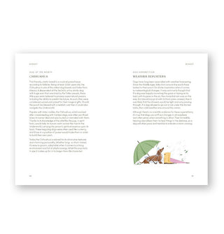 Page spread from The Dog Year features text blocks with small illustration of a dachshund wearing a clear poncho under a green umbrella next to a pair of yellow rain boots