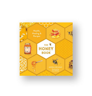 Yellow cover of The Honey Book: Health, Healing & Recipes features a honeycomb design with illustrations of bee- and honey-related objects