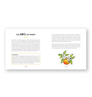 Page spread from The Honey Book features a section titled, "The ABCs of Honey" with illustration of an orange and blossoms