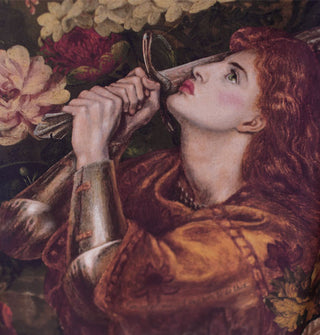 Portrait of Joan of Arc wielding a sword surrounded by lush florals on garment fabric