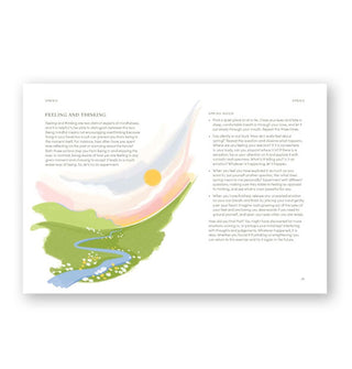 Page spread from The Mindfulness Year features a section titled, "Feeling and Thinking" accompanied by a landscape illustration