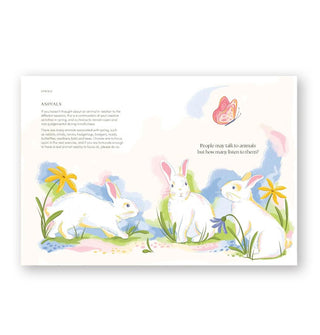 Page spread from The Mindfulness Year features a section titled, "Animals" accompanied by an illustration of three white rabbits and a butterfly among flowers and the quote, "People may talk to animals but how many listen to them?"