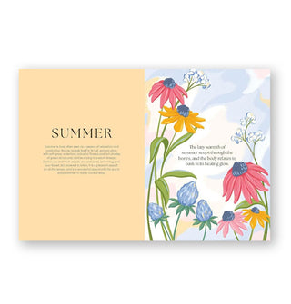 Page spread from The Mindfulness Year features a chapter titled, "Summer" and quote, "The lazy warmth of summer seeps through the bones, and the body relaxes to bask in its healing glow" in the midst of a colorful illustration of wildflowers