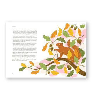Page spread from The Mindfulness Year features paragraphs of text alongside a colorful illustration of a squirrel in an oak tree