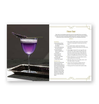 Page spread from The Mocktail Club features a recipe for Flower Sour alongside a photograph of the drink