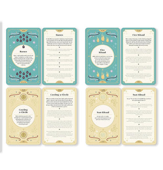 Sample card fronts and backs from The Witch's Year deck: Runes, Fire Ritual, Casting a Circle, and Sun RItual