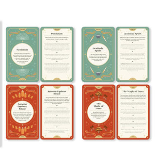 Sample card fronts and backs from The Witch's Year deck: Pendulum, Gratitude Spells, Autumn Equinox Ritual, and The Magic of Trees