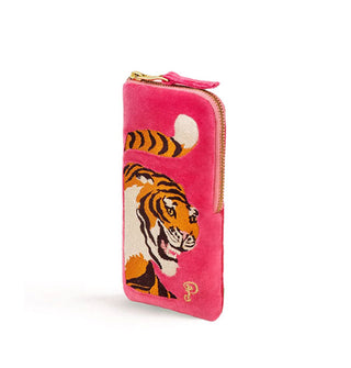 Rectangular magenta eyeglass case with gold zipper features embroidered design of a fierce-looking tiger with tail curled above its head