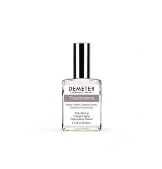 Silver-capped clear square 1 ounce glass bottle of Demeter Fragrance Library Pick-Me-Up Cologne Spray in Thunderstorm scent