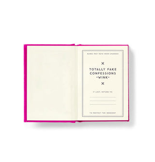 Opened journal says, "Totallfake confessions *wink*" above bookplate