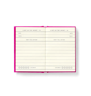 Opened journal features lined pages for "not-so-tiny" secrets which include sections to note the date, topic, "Don't tell anyone," and a five-star rating system for juiciness 