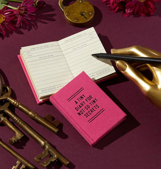 A gold mannequin hand holds a black pen poised above A Tiny Diary for Not-So-Tiny Secrets, staged with another like it, shown closed, brass keys and padlock, and dark purple flowers