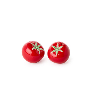 Set of salt and pepper shakers designed to resemble ripe, red tomatoes with green leaves