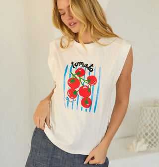 Model wears a white "Tomato" muscle T-shirt with red tomatoes on the vine graphic over blue stripes