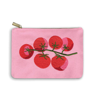 Rectangular pink pouch with gold zipper features embroidered design of tomatoes on the vine