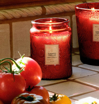 Lit Tomato Trellis Voluspa candle in red embossed glass vessel is staged on a tiled countertop with fresh tomatoes on the vine in the foreground