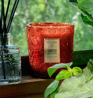 Lit Tomato Trellis Voluspa candle in embossed red glass is staged on a windowsill next to a clear embossed glass reed diffuser and plant leaves