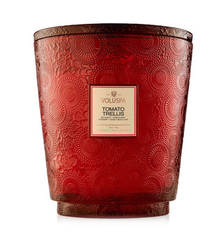 123-ounce embossed red glass Tomato Trellis Voluspa candle vessel with pedestal base and matching lid