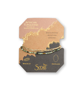 African turquoise and gold beaded bracelet/necklace wrapped around product card with gold foil design details