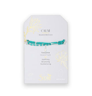 Turquoise beaded Calm Bracelet/Necklace with central teardrop stone wrapped three times around a gold foil detailed product card