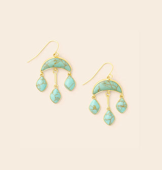Dangle earrings with three rounded diamond-shaped turquoise stones attached to an upper cresent-shaped turquoise stone on gold hardware
