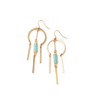 Gold earrings with a rounded upper section and turquoise stone center dangle