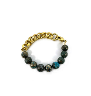 Dark blue-green polished gemstone orbs are strung on partial chunky brass curb chain with lobster clasp