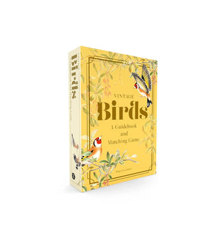 Yellow box of Vintage Birds: A Guidebook and Matching Game set features illustrations of two birds, one perched and one in flight, with intricate vines surrounding them