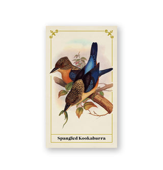 Sample colorfully illustrated card from the Vintage Birds deck: Spangled Kookaburra