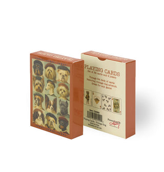 Front and back of a deck of playing cards depicting vintage-style dog portraits