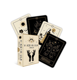 Black and white Voice of the Souls cards and deck box featuring gold design accents