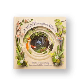 Cover of A Walk Through the Woods features a cutout-style design with forest flora and fauna