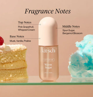 Bottle of Kitsch Warm Sugar Hair Perfume is labeled with its top, middle, and base fragrance notes: pink grapefruit, whipped cream, spun sugar, bergamot blossom, musk, vanilla, praline