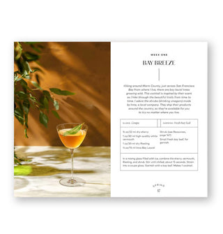Page spread from Wednesday Night Wine-Down features a recipe for Week One: Bay Breeze with photograph