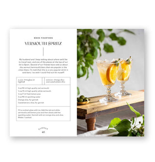 Page spread from Wednesday Night Wine-Down features a recipe for Week Fourteen: Vermouth Spritz with photograph