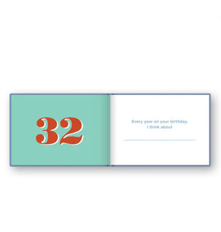 Page 32 spread from What I Love About Being Your Mom prompts the author to finish the sentence, "Every year on your birthday, I think about ____."