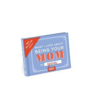 Periwinkle cover of What I Love About Being Your Mom with white and coral lettering