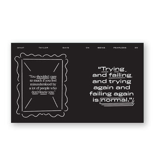 Black page spread from What Taylor Says features quotes by Taylor Swift in white lettering