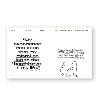 Page spread from What Taylor Says features quotes by Taylor Swift with underline accents and a cat line drawing