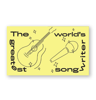 Yellow page spread from What Taylor Says says, "The World's Greatest Songwriter" with guitar and microphone drawings accented by stars