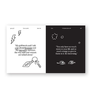 Black and white page spread from What Taylor Says features quotes by Taylor Swift